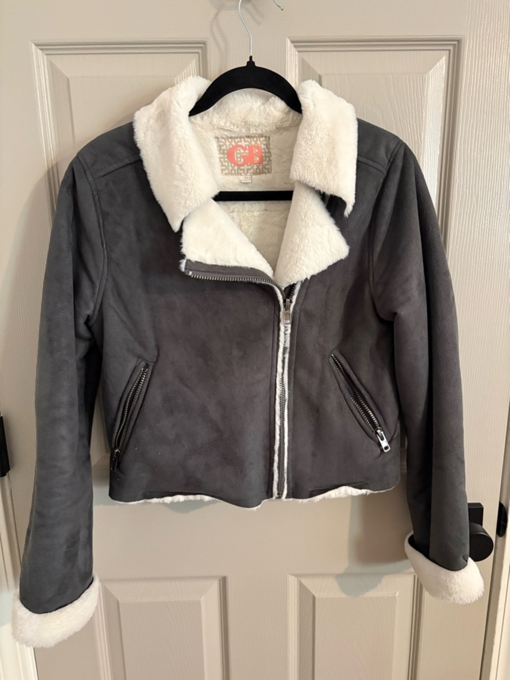 Gianni Bini Gray Faux-Suede Moto Jacket with White Sherpa Trim